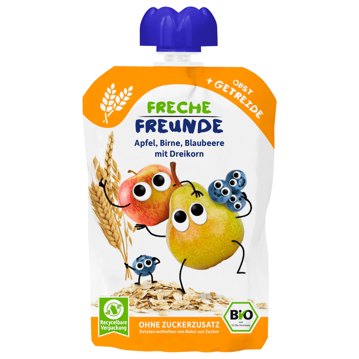 Erdbär Freche Freunde - Bio Quetschie Apfel, Birne, Blaubeere mit Dreikorn